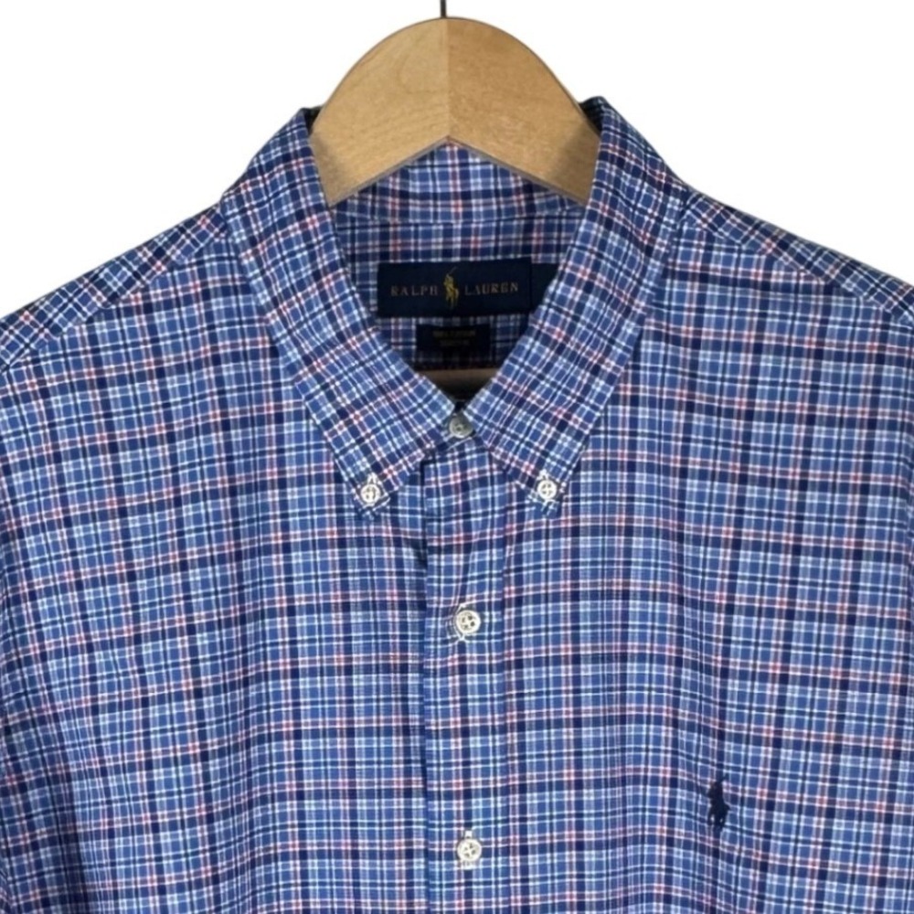 Ralph Lauren‎ Mens XXL Blue Plaid Cotton Stretch Button Down Shirt Long Sleeve